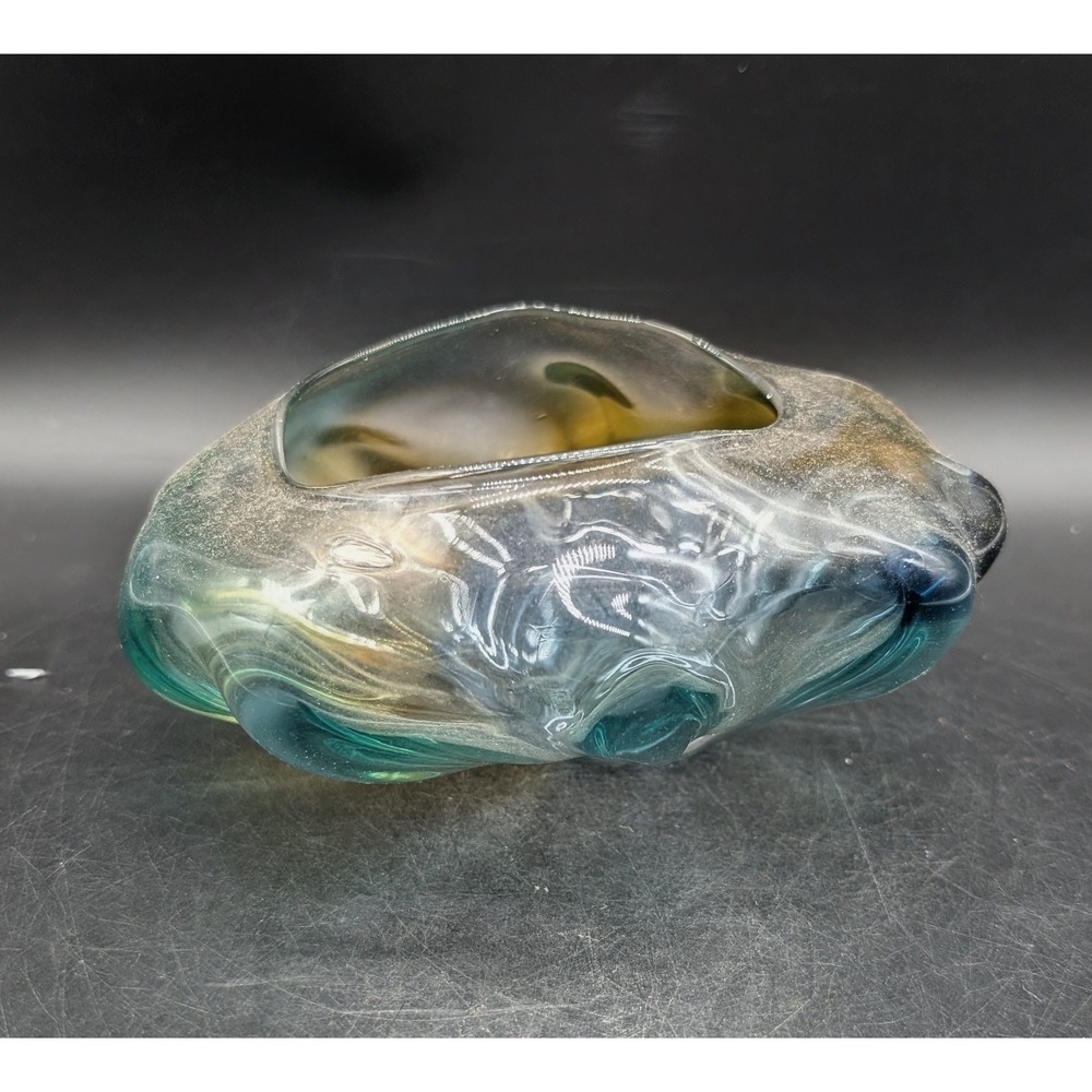 Signed Studio Art Glass Organic Freeform Bowl Teal Amber Hand Blown 6.5"